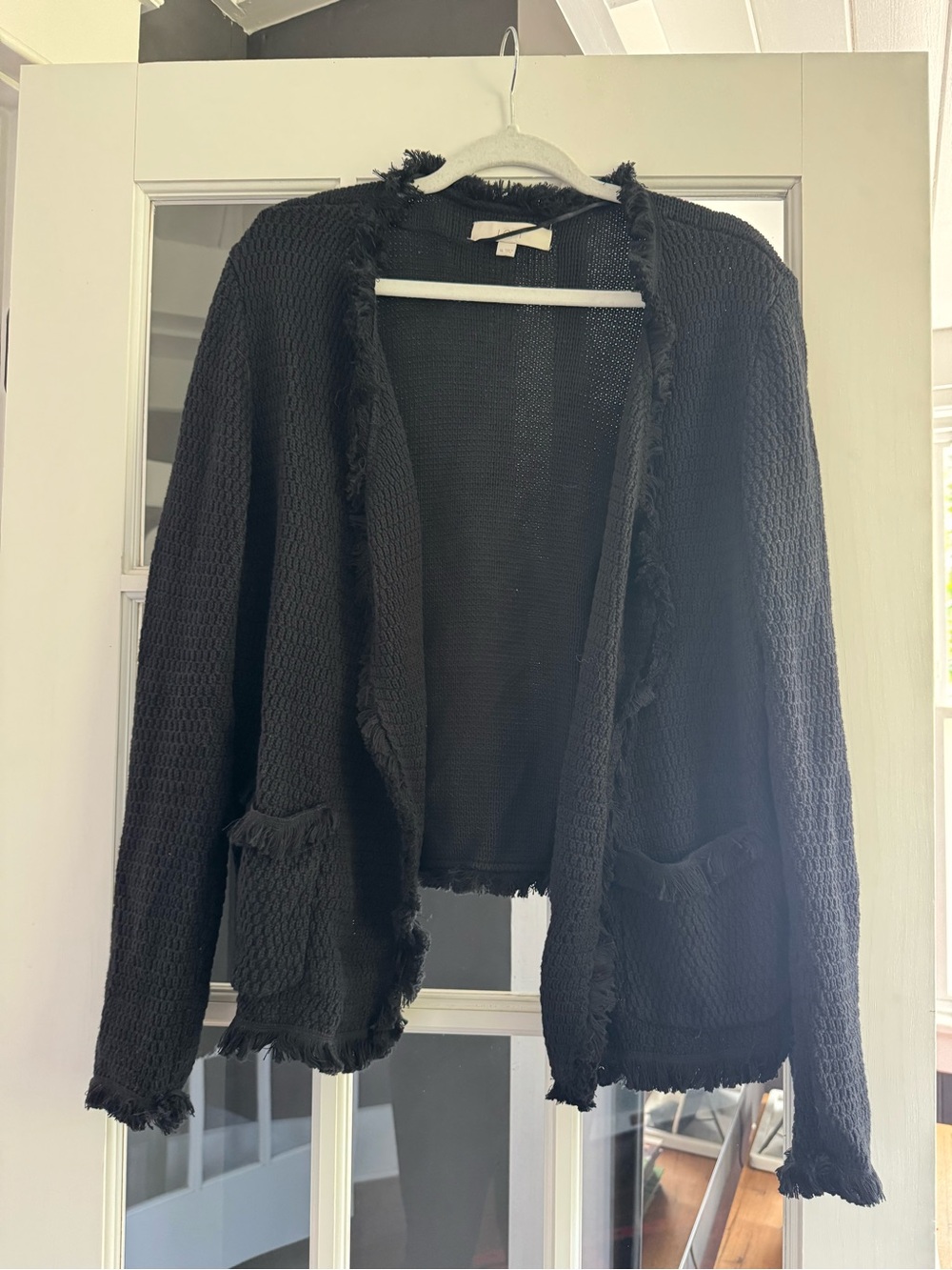 LOFT Black Open-Front Frayed-Trim Cardigan